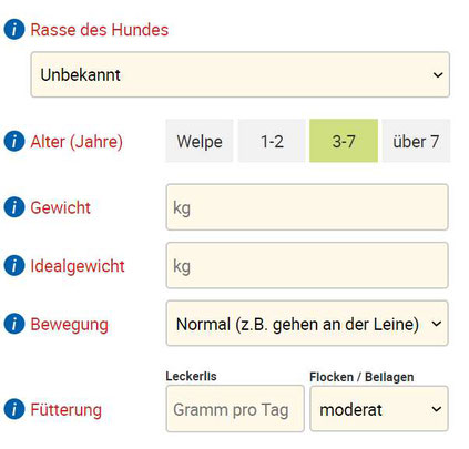 Futter Rechner zur Berechnung der täglich benötigten Futtermenge für Hunde mit Angaben zur Rasse, des Alters, des aktuellen Gewichts zum Idealgewicht und der täglichen Bewegungsaktivität des Hundes.