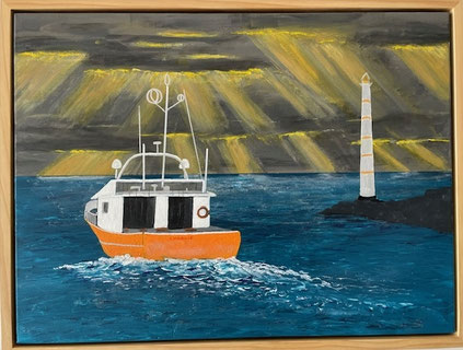 "Charlie leaving Port" 65cm x 50cm Acrylic on canvas, pinewood frame $300 (excluding freight)