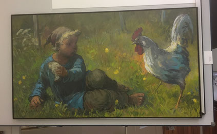 Bild einrahmen: Gemälde eingelegt in L-Profil. Schlichter Bilderrahmen: Kind mit  Huhn von K.Schenk 