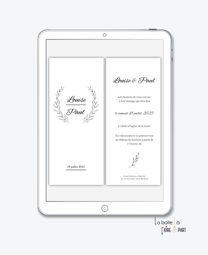 faire-part mariage-faire part mariage digital-faire part mariage numérique-pdf numérique-faire part mariage electronique -faire-part à envoyer par mms-par mail-réseaux sociaux-whatsapp-facebook-messenger-simplicité-noir et blanc-couronne de feuille