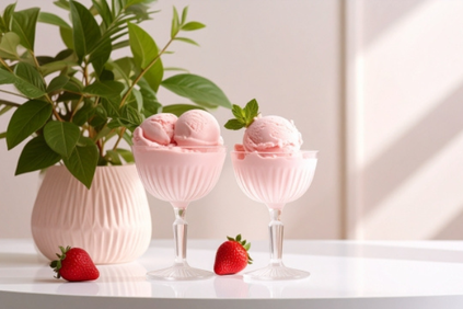 ストロベリーアイスといちご。グリーンが生けられた花瓶。