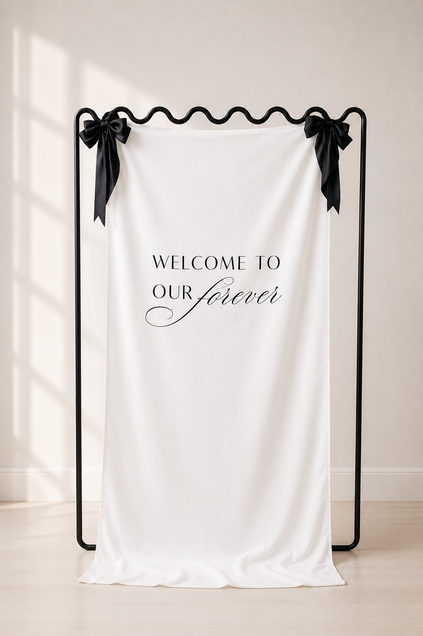 Banner Hochzeit Willkommensschild Stoff Tuch mieten Dekoverleih the featherette