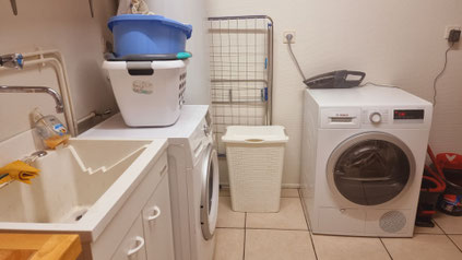 buanderie équipée d'un évier, d'un lave-linge et d'un sèche-linge