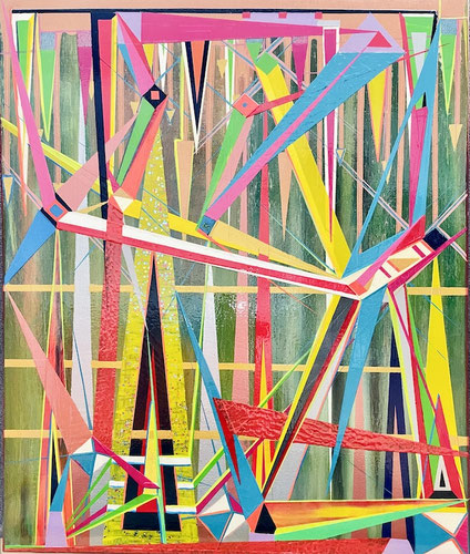 Abstraktes Gemälde „Determinismus“ von Andreas Alka alias FLoYd: Komplexe, farbintensive Linien und geometrische Formen symbolisieren die durch Naturgesetze bestimmte Struktur des Universums. Acryl auf Leinwand, 50 x 60 cm, 2023–2025.