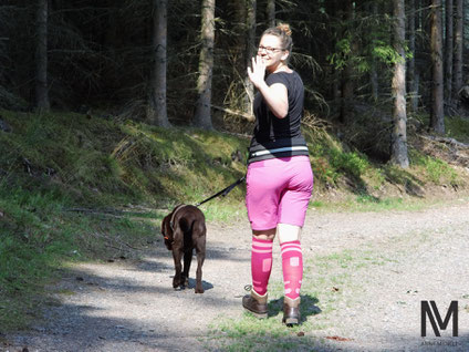 Bequemes Wandern mit dem Jogginggurt und Toni im Geschirr.