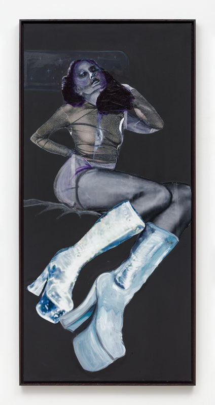 Anys Reimann: QUEEN OF THE NIGHT I (sitting in the back of my Cadillac), 2025, Mixed media Collage, Öl auf Leinwand, 180 x 85 cm (Foto J. Bendzulla) © Anys Reimann, courtesy the artist & VAN HORN, Düsseldorf