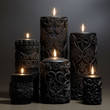 Schwarze geschnitzte Kerzen auf grauem Hintergrund, im Stil sorgfältig ausgearbeiteter Szenen, komplizierte Schichtung, geformt, Kuromicore, begrenzte Farbpalette, theatralische Beleuchtung, durchdrungene Symbolik
