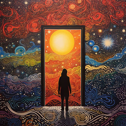 Gemälde einer Person, die vor der Tür zur himmlischen Welt steht es ist eine gelbe Sonne zu sehen, umgeben von Energiewirbel und Sternen, im Stil von farbenfroher Komplexität, hypnotisierenden optischen Täuschungen, Stimwave, Fern- und Tiefendistanz