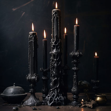eine Gruppe von schwarzen Kerzen und vielen anderen Objekten, im Stil von detailliert und makaber, aufwändige Detaillierung, Tabletop-Fotografie, unheimliche Landschaften, skulptural, barock inspirierte Ornamentik, gothic romantic, schwarz interior design