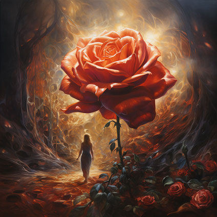 ein Gemälde einer opulenten roten Rose und einer Frau, im Stil lebendiger Fantasielandschaften, realistische Darstellung von Licht, Bernstein, RTX an, Einfluss von Präzisionismus