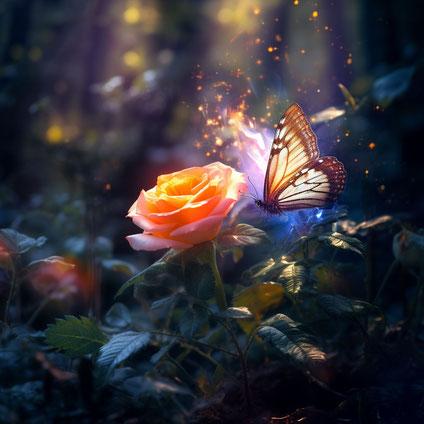 Ein Schmetterling mit Licht auf dem Hintergrund einer orangefarbenen Rose, im Stil lebendiger Fantasielandschaften, stimmungsvoller Waldbilder, UHD-Bild, Bilderbuchillustrationen, verträumte Porträts, von der Natur inspiriert, Rotverschiebung