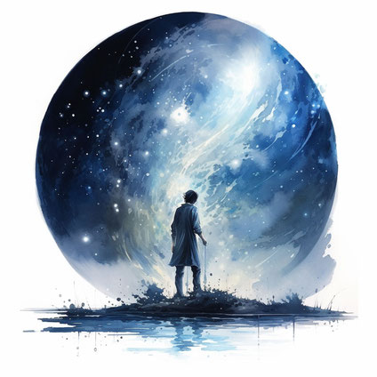 Illustration eines grossen blauen Vollmondes man sieht Sterne die vor ihm leuchten, davor steht ein Mann mit langem Gehrock und einem Stock in der Hand, er steht auf einer kleinen Wiese und davor ist Wasser