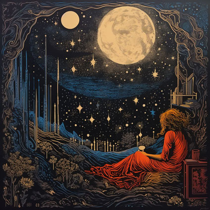 In der Nacht sitzt ein junges Mädchen auf einer Holzbank und beobachtet den Mond, im Stil aufwendiger Illustrationen, hellrot und silber, lebendige Wandteppiche, Buchkunstinstallationen, extrem detaillierte Illustrationen, helles Indigo und Bronze, Wicca