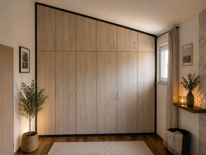 Maßgefertigter Kleiderschrank unter Dachschräge mit deckenhohen Schrankelementen und zusätzlichem Stauraum bis unter den First, gefertigt von Holzdesign Rapp