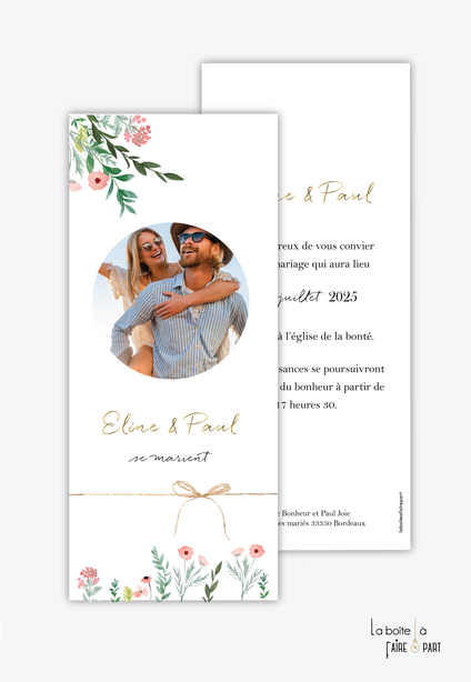 Faire-part mariage-format marque page-fleurs des champs-photo-bouquet champêtre-ruban ficelle