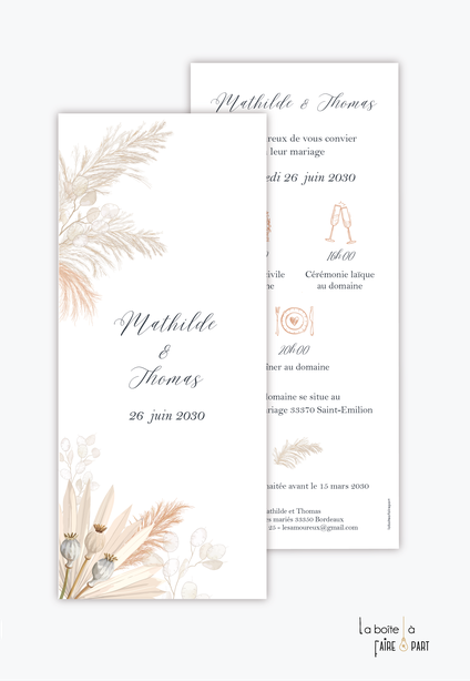 Faire-part mariage-format marque page-pictogrammes-pampa-chardon-champêtre -bohème-fleurs séchées