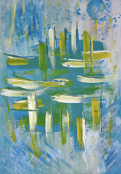 Peinture abstraite sur fond bleu et blanc, avec un quadrillage, formé de hachure, vert et blanche en traits verticaux et horizontaux. Œuvre de Nine artiste, peintre à Trans en Provence.