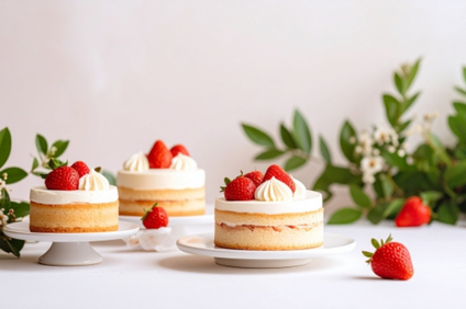 いちごのショートケーキがテーブルに３つ並んでいる。