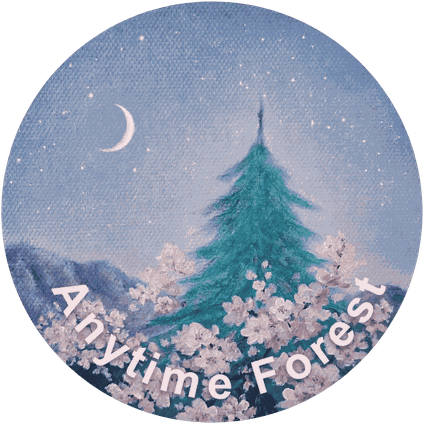 よる森 / YORUMORIのシンボルアイコン-AnytimeForest。春分の三日月に照らされるもみの木と桜のイラスト