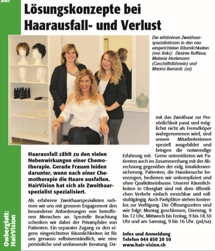 Pressebericht über Coiffeur: HairVision Schweiz "Lösungskonzepte bei Haarausfall- und Verlust"