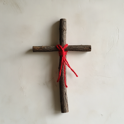 Ein Ebereschen Kreuz auf weissem Hintergrund, geformt aus zwei Eberschen Holzstücken mit einem roten Faden verbunden