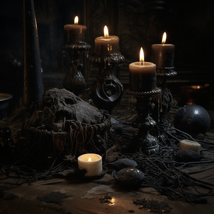 Eine Anordnung von schwarzen Kerzen auf einem dreckigen und grusligen Altar auf dem ein Haufen Dreck liegt aus dem sich ein Gesicht geformt hat, darauf liegen auch schwarze gruslige Schnüre und Steine und Kugeln, alles wirkt düster und staubig