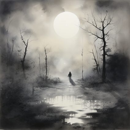 Eine schwarz-weisse Nebellandschaft in einem Sumpf oder Wald, es ist Nacht, im Hintergrund scheint der Vollmond umgeben von Nebelschwaden man sieht die schwarze Silhoute eines Menschen der auf einem Pferd sitzt, vorne spiegelt sich der Mond in einer Pfütz