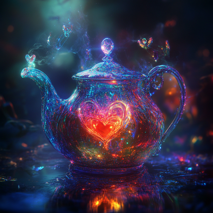 Eine Glasteekanne mit einem leuchtenden Herzen im Inneren, umgeben von schwebenden leuchtenden Herzen, in einem fantastischen Stil mit magischen Lichteffekten, leuchtenden Farben und einer verträumten Atmosphäre. Digitale Kunst, hohe Auflösung.  