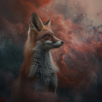 Ein Fuchs sitzt da und schaut nach rechts seitlich, man sieht in bis zum Anfang der Vorderbeine, im Hintergrund ist ein Galaxy Design mit rot oder rost roten Wolken,