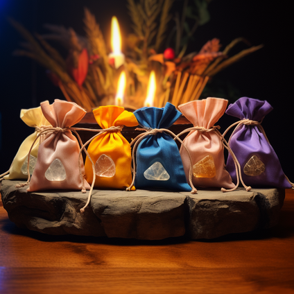 6 farbige satin Beutel mit einem edelstein in der mitte liegen auf einem Stein vor Kerzen und getrockneten Blumen, im Stil mystischer Symbolik, aus Kristallen, Softbox-Beleuchtung, unbeschwerte, lebendige Tableaus, durchdrungene Symbolik