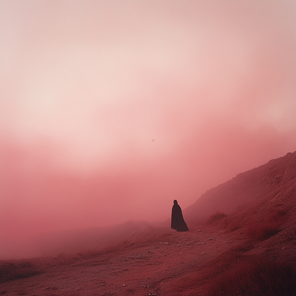 Minimalistische Fotografie, eine Person in einem dunklen Umhang, die am Rand eines roten Hügels steht, ein nebliger rosafarbener Himmel, eine Fernsicht, eine melancholische Stimmung  Symbol „Von der Community überprüft“