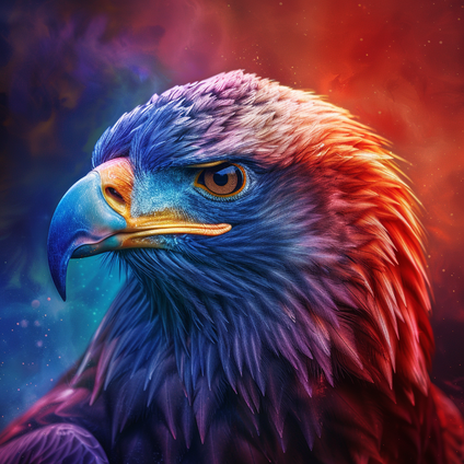 Seitliches portrait von einem majestetischen Adler der nach links schaut in den Farben Blau und hellblau, violett, rot, orange, vor einem Hintergrund in den selben Farben als Farbverlauf