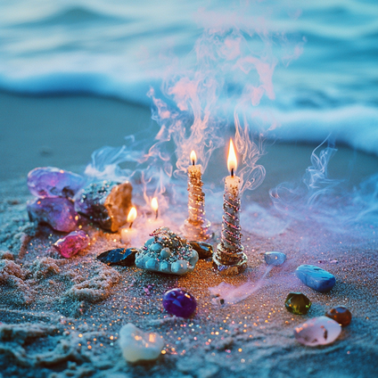 Am Strand brennende Kerzen, umgeben von bunten Edelsteinen und Muscheln, in der Luft aufsteigender Rauch, sanftes Licht, Weitwinkelobjektiv, geringe Schärfentiefe, Blautöne und eine geheimnisvolle Atmosphäre. 