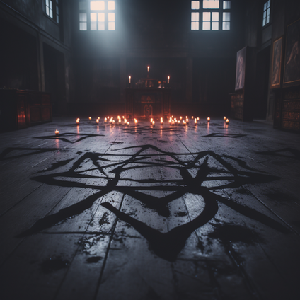 Ein grosser Raum in einer alten Industriehalle, auf dem Holzboden sind magische geometrische Muster aus schwarzem Pulver angebracht worden, hinten sind viele Kerzen am Boden zu sehen, dahinter steht ein Altar ebenfalls voll mit brennenden Kerzen