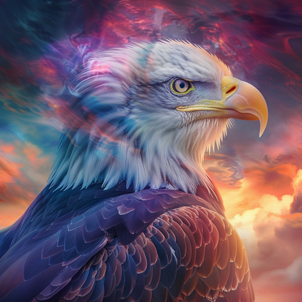 Ein seitliches Portrait bis zu den Schultern von einem wunderschönen Adler in den Farben weiss, grau, gelb, orange, dunkel blau, pink, im Hintergrund ist ein mystischer Himmel zu sehen mit hellen und dunklen Wolken in den gleichen Farben wie der Adler
