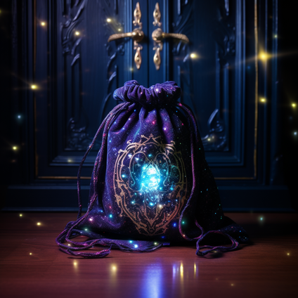 ein magischer Sack Mojo Bag Magie an einer dunklen Tür mit leuchtenden Lichtern, im Stil der kosmischen Symbolik, hellviolett und hellbronze, Nightcore, reichhaltig und eindringlich, intuitiv