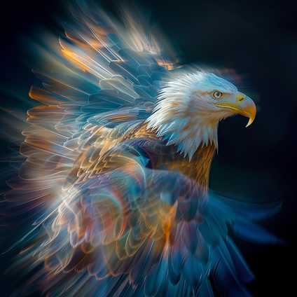 Eine ätherische engelhafte Aufnahme eines Adlers mit strahlenden federn und Lichteffeckten, er schaut nach rechts und hat einen weissen Kopf und farbiges gefieder, schwarzer hintergrund