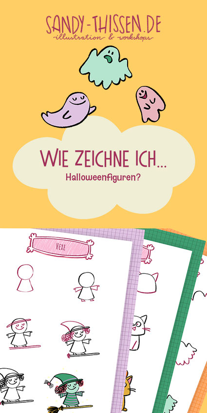 Zeichnen lernen zu Halloween. Hexe, Katze, Kürbis und Geister zeichnen / malen