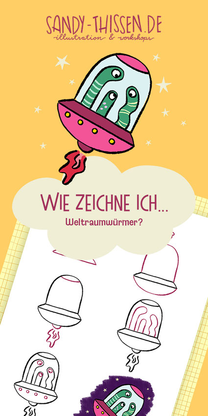 zeichnen lernen für Kinder und Erwachsene. Lustige Aliens / Würmer zeichnen mit Schritt für Schritt Anleitung