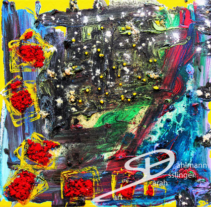 Sarah Esslinger-Dahlmann, Verlorene Illusion, Juni 2007, 40 x 40 cm, Ölfarbe auf Leinwand, abstraktes, kraftvolles, farbintensives Werk, gelbe Rechtecke, viel blau und rot