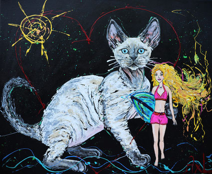 Tableau peinture acrylique moderne contemporain pop art tableau devon rex chat qui enlace une barbie surfeuse en maillot de bain tableau drôle décalé 