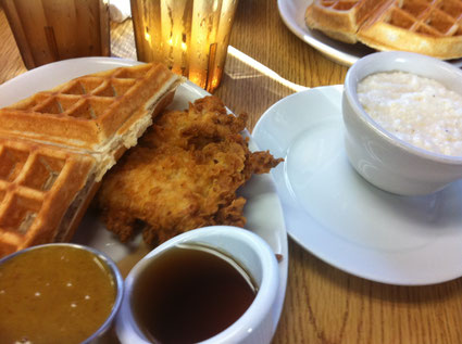 That's a HALF portion of Chicken & Waffles and a side of girts because... you know... Southern!