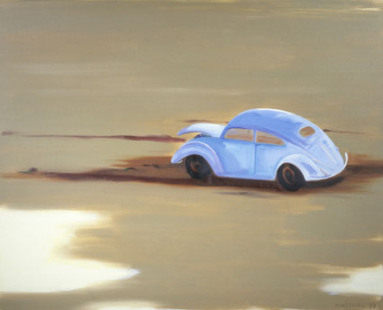 VW-kever op zanderig terrein van autosloperij 130x105cm olieverf op katoen 1999 (Privé collectie Rotterdam)