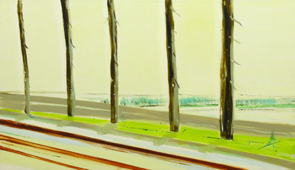 Rij bomen aan dijk 83x143cm olie op canvas 1998 (Privé collectie Los Angeles USA)