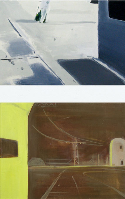 Boven: Hut met berkenboom 30x45cm olie op doek 2001 Onder: Zonder titel  31x40 olie op canvas 2001