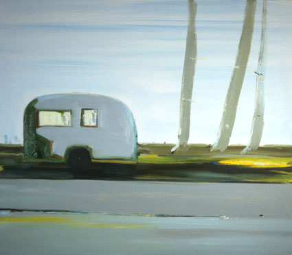 Caravan aan parkeerplaats 72x82cm olie op canvas 1998 (Collectie  Kunstuitleen De Krabbedans Eindhoven). Basisstipendium, Fonds voor Beeldende Kunsten Vormgeving en Bouwkunst Amsterdam 1999