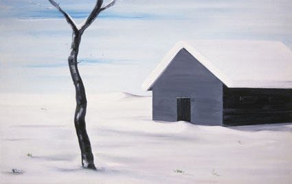 Winter landschap met zwarte hut 80x125cm olie op canvas 2001 (Privé collectie Parijs Frankrijk)