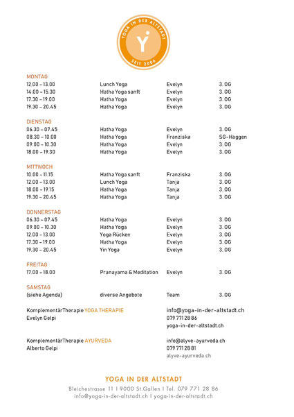 Yoga St. Gallen - Stundenplan 2022 - Yoga Altstadt