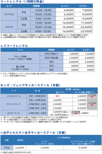 料金表（各種参加費・利用料）