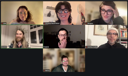 Screenshot der online-Jury Sitzung des Queer Festivals Heidelberg. Von oben links nach unten rechts: Lydia Metral, Christina Bauernfeind, Margaux Corda, Dominic Hauser, Frederik Busch, Martin J.V. Müller, Marius Emmerich